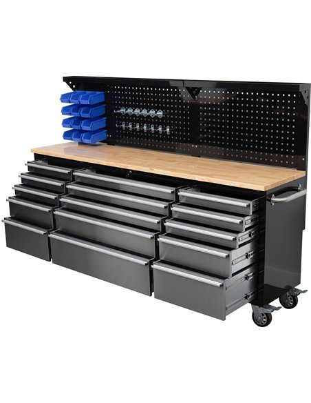 Widebody Heavy Duty 84&quot Steel Rolling Tool Chest with Wooden Worktop &amp Pegboard Back Panel 15 Drawers 2284x485x1448mm Bla