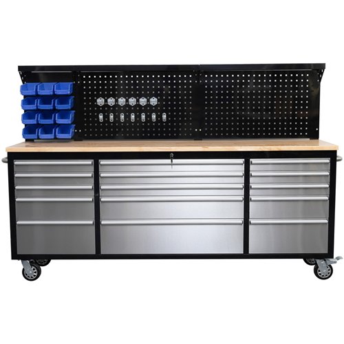 Widebody Heavy Duty 84&quot Steel Rolling Tool Chest with Wooden Worktop &amp Pegboard Back Panel 15 Drawers 2284x485x1448mm Bla