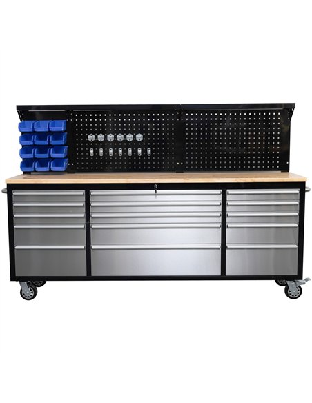 Widebody Heavy Duty 84&quot Steel Rolling Tool Chest with Wooden Worktop &amp Pegboard Back Panel 15 Drawers 2284x485x1448mm Bla