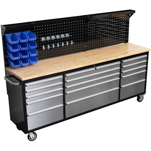 Widebody Heavy Duty 84&quot Steel Rolling Tool Chest with Wooden Worktop &amp Pegboard Back Panel 15 Drawers 2284x485x1448mm Bla