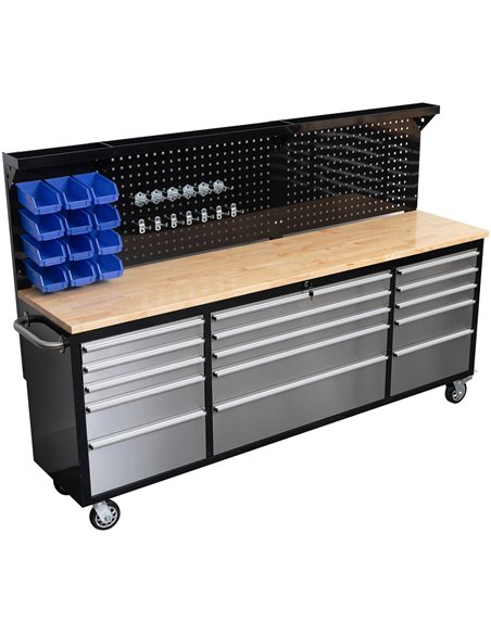 Widebody Heavy Duty 84&quot Steel Rolling Tool Chest with Wooden Worktop &amp Pegboard Back Panel 15 Drawers 2284x485x1448mm Bla