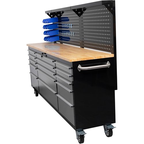 Widebody Heavy Duty 84&quot Steel Rolling Tool Chest with Wooden Worktop &amp Pegboard Back Panel 15 Drawers 2284x485x1448mm Bla