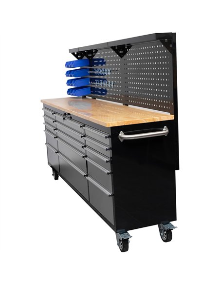 Widebody Heavy Duty 84&quot Steel Rolling Tool Chest with Wooden Worktop &amp Pegboard Back Panel 15 Drawers 2284x485x1448mm Bla