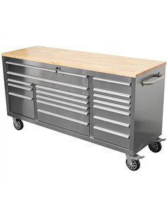 Widebody Heavy Duty 72&quot Stainless Steel Rolling Tool Chest with Wooden Worktop 17 Drawers 1978x610x1000mm Silver | Stalwart 