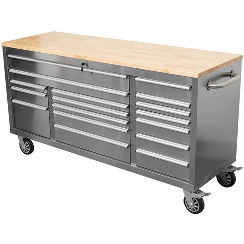 Widebody Heavy Duty 72&quot Stainless Steel Rolling Tool Chest with Wooden Worktop 17 Drawers 1978x610x1000mm Silver | Stalwart 