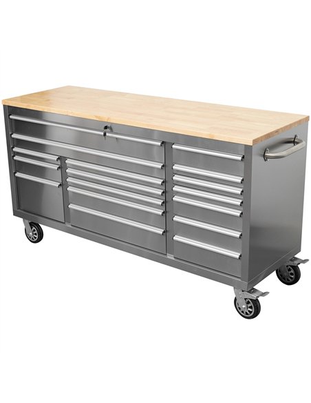 Widebody Heavy Duty 72&quot Stainless Steel Rolling Tool Chest with Wooden Worktop 17 Drawers 1978x610x1000mm Silver | Stalwart 