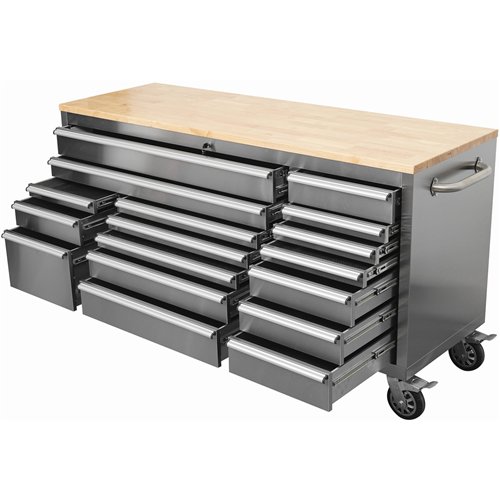Widebody Heavy Duty 72&quot Stainless Steel Rolling Tool Chest with Wooden Worktop 17 Drawers 1978x610x1000mm Silver | Stalwart 
