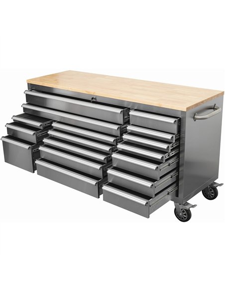 Widebody Heavy Duty 72&quot Stainless Steel Rolling Tool Chest with Wooden Worktop 17 Drawers 1978x610x1000mm Silver | Stalwart 
