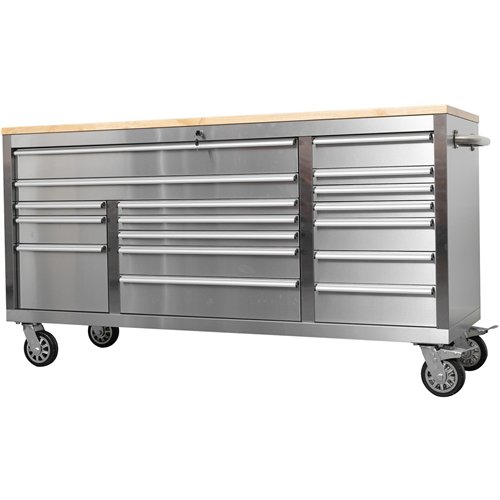Widebody Heavy Duty 72&quot Stainless Steel Rolling Tool Chest with Wooden Worktop 17 Drawers 1978x610x1000mm Silver | Stalwart 