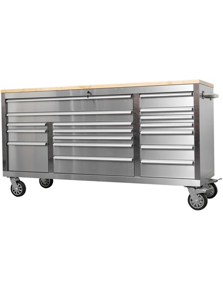 Widebody Heavy Duty 72&quot Stainless Steel Rolling Tool Chest with Wooden Worktop 17 Drawers 1978x610x1000mm Silver | Stalwart 
