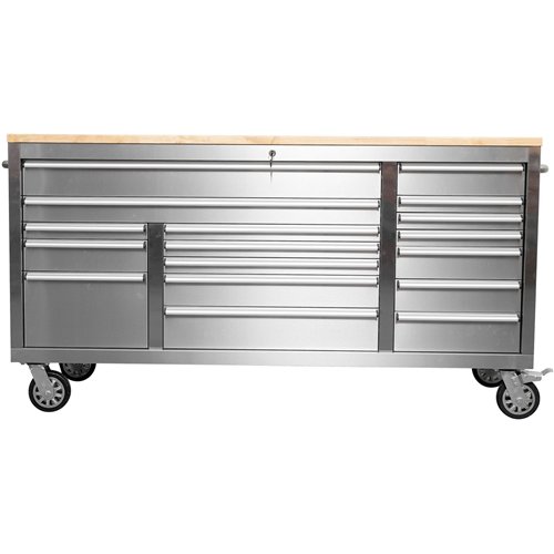 Widebody Heavy Duty 72&quot Stainless Steel Rolling Tool Chest with Wooden Worktop 17 Drawers 1978x610x1000mm Silver | Stalwart 