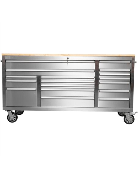 Widebody Heavy Duty 72&quot Stainless Steel Rolling Tool Chest with Wooden Worktop 17 Drawers 1978x610x1000mm Silver | Stalwart 
