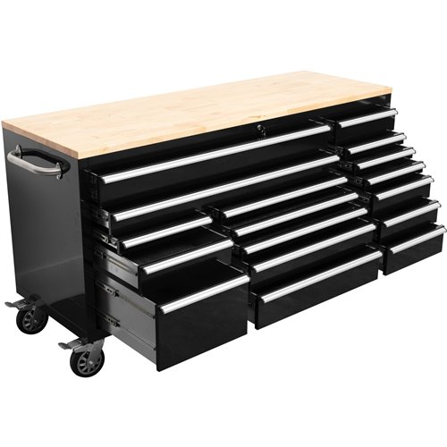 Widebody Heavy Duty 72&quot Steel Rolling Tool Chest with Wooden Worktop 17 Drawers 1978x610x1000mm Black | Stalwart DA-YZM108