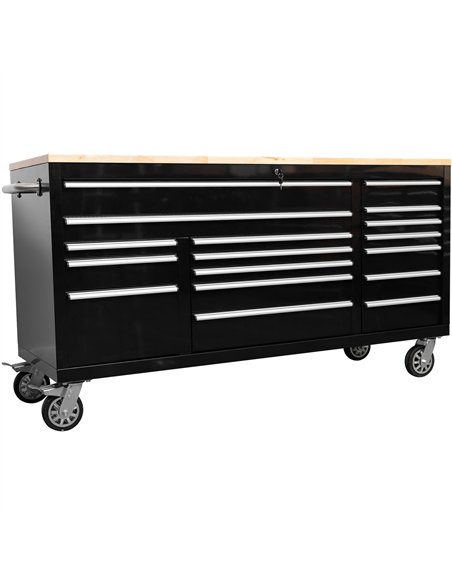 Widebody Heavy Duty 72&quot Steel Rolling Tool Chest with Wooden Worktop 17 Drawers 1978x610x1000mm Black | Stalwart DA-YZM108