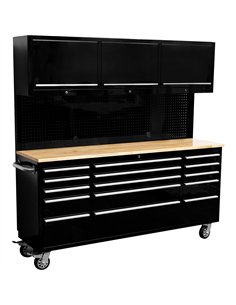 Heavy Duty 72&quot Steel Rolling Tool Chest with Wooden Worktop &amp Upper Cabinet &amp Pegboard 15 Drawers 1978x515x1828mm Blac