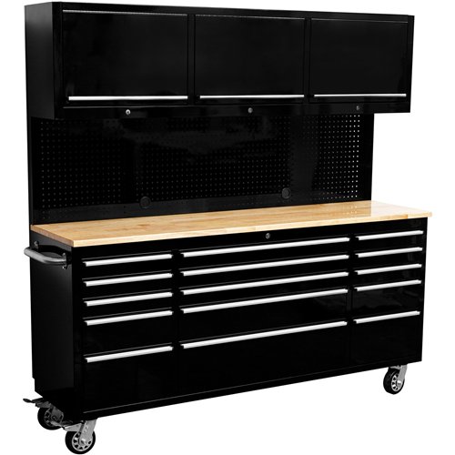 Heavy Duty 72&quot Steel Rolling Tool Chest with Wooden Worktop &amp Upper Cabinet &amp Pegboard 15 Drawers 1978x515x1828mm Blac