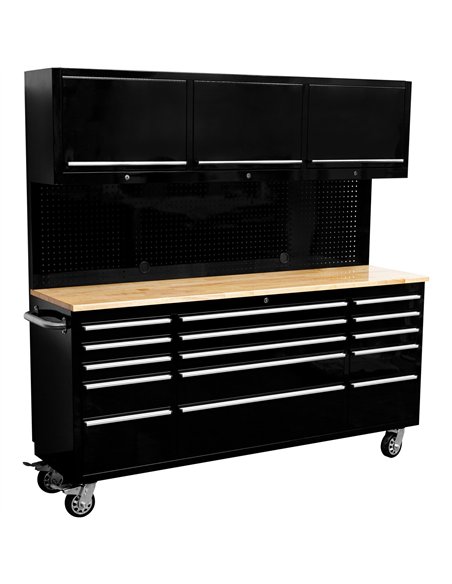 Heavy Duty 72&quot Steel Rolling Tool Chest with Wooden Worktop &amp Upper Cabinet &amp Pegboard 15 Drawers 1978x515x1828mm Blac