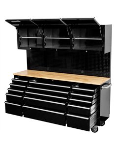 Heavy Duty 72&quot Steel Rolling Tool Chest with Wooden Worktop &amp Upper Cabinet &amp Pegboard 15 Drawers 1978x515x1828mm Blac 2