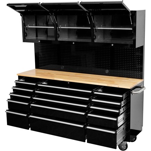 Heavy Duty 72&quot Steel Rolling Tool Chest with Wooden Worktop &amp Upper Cabinet &amp Pegboard 15 Drawers 1978x515x1828mm Blac