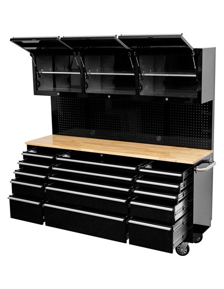 Heavy Duty 72&quot Steel Rolling Tool Chest with Wooden Worktop &amp Upper Cabinet &amp Pegboard 15 Drawers 1978x515x1828mm Blac