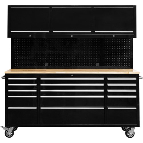Heavy Duty 72&quot Steel Rolling Tool Chest with Wooden Worktop &amp Upper Cabinet &amp Pegboard 15 Drawers 1978x515x1828mm Blac