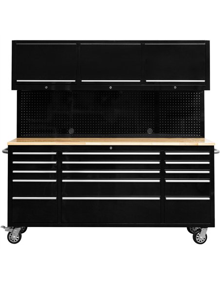 Heavy Duty 72&quot Steel Rolling Tool Chest with Wooden Worktop &amp Upper Cabinet &amp Pegboard 15 Drawers 1978x515x1828mm Blac