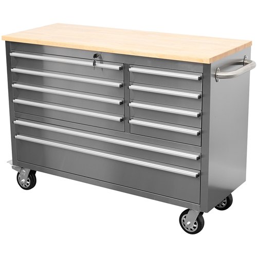 Heavy Duty 48&quot Stainless Steel Rolling Tool Chest with Wooden Worktop 10 Drawers 1369x486x909mm Silver | Stalwart DA-YZM122