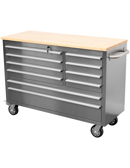 Heavy Duty 48&quot Stainless Steel Rolling Tool Chest with Wooden Worktop 10 Drawers 1369x486x909mm Silver | Stalwart DA-YZM122