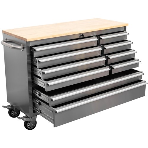 Heavy Duty 48&quot Stainless Steel Rolling Tool Chest with Wooden Worktop 10 Drawers 1369x486x909mm Silver | Stalwart DA-YZM122
