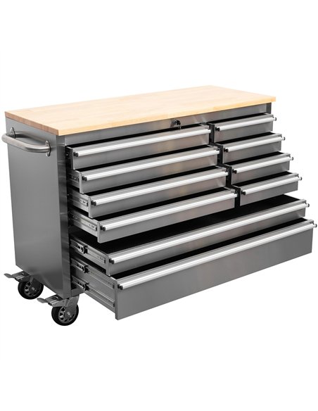 Heavy Duty 48&quot Stainless Steel Rolling Tool Chest with Wooden Worktop 10 Drawers 1369x486x909mm Silver | Stalwart DA-YZM122