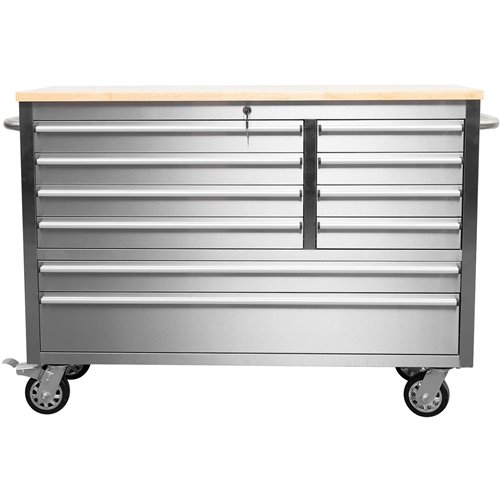Heavy Duty 48&quot Stainless Steel Rolling Tool Chest with Wooden Worktop 10 Drawers 1369x486x909mm Silver | Stalwart DA-YZM122
