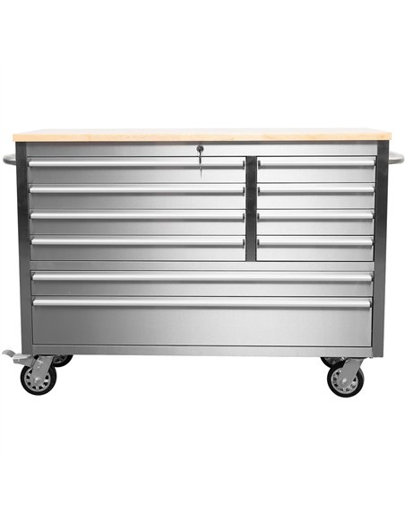 Heavy Duty 48&quot Stainless Steel Rolling Tool Chest with Wooden Worktop 10 Drawers 1369x486x909mm Silver | Stalwart DA-YZM122