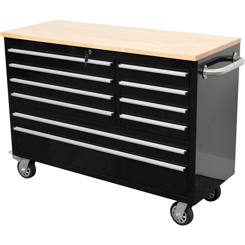 Heavy Duty 48&quot Steel Rolling Tool Chest with Wooden Worktop 10 Drawers 1369x486x909mm Black | Stalwart DA-YZM124