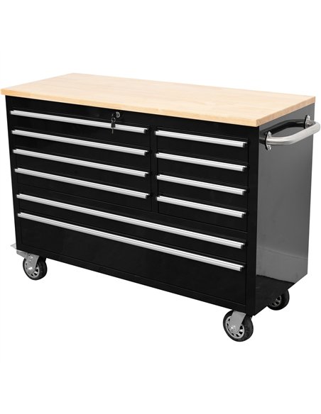 Heavy Duty 48&quot Steel Rolling Tool Chest with Wooden Worktop 10 Drawers 1369x486x909mm Black | Stalwart DA-YZM124