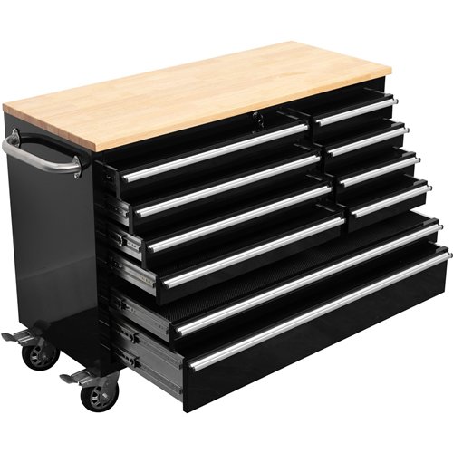 Heavy Duty 48&quot Steel Rolling Tool Chest with Wooden Worktop 10 Drawers 1369x486x909mm Black | Stalwart DA-YZM124