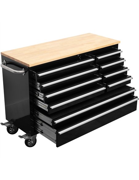Heavy Duty 48&quot Steel Rolling Tool Chest with Wooden Worktop 10 Drawers 1369x486x909mm Black | Stalwart DA-YZM124