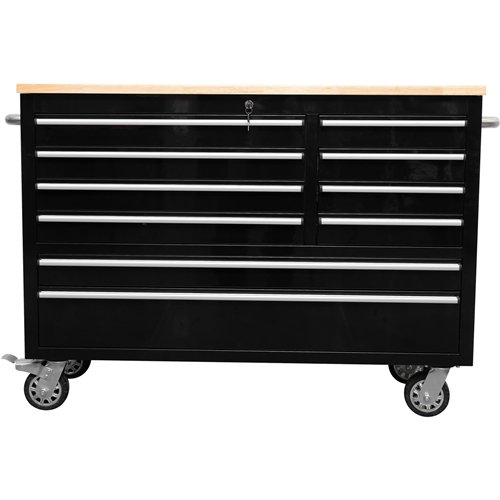 Heavy Duty 48&quot Steel Rolling Tool Chest with Wooden Worktop 10 Drawers 1369x486x909mm Black | Stalwart DA-YZM124
