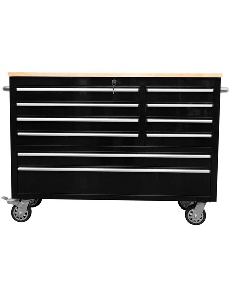 Heavy Duty 48&quot Steel Rolling Tool Chest with Wooden Worktop 10 Drawers 1369x486x909mm Black | Stalwart DA-YZM124