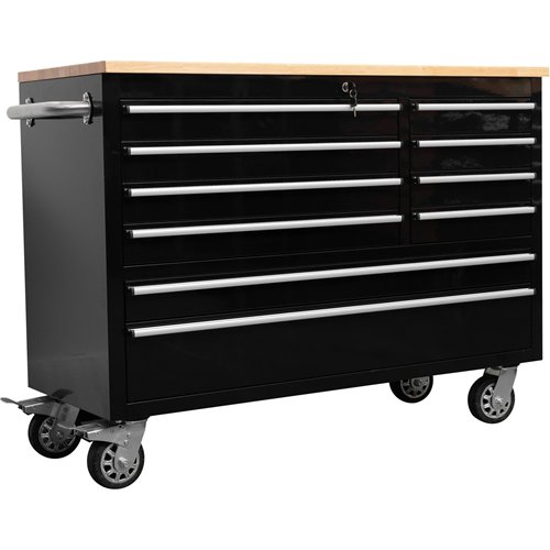 Heavy Duty 48&quot Steel Rolling Tool Chest with Wooden Worktop 10 Drawers 1369x486x909mm Black | Stalwart DA-YZM124