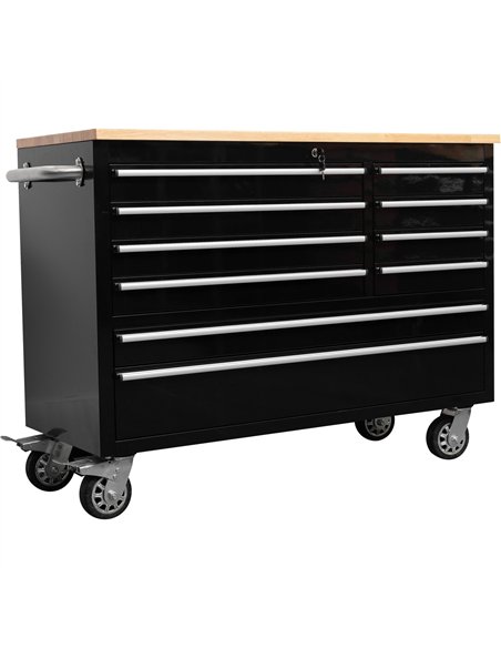 Heavy Duty 48&quot Steel Rolling Tool Chest with Wooden Worktop 10 Drawers 1369x486x909mm Black | Stalwart DA-YZM124