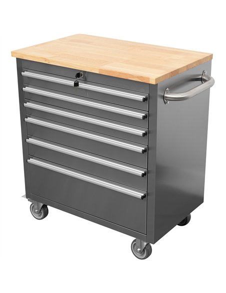 Heavy Duty 30&quot Stainless Steel Rolling Tool Chest with Wooden Worktop 6 Drawers 835x485x877mm Silver | Stalwart DA-YZM130