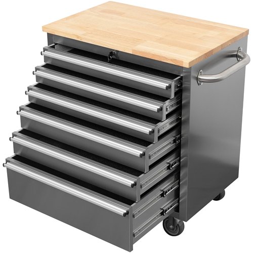 Heavy Duty 30&quot Stainless Steel Rolling Tool Chest with Wooden Worktop 6 Drawers 835x485x877mm Silver | Stalwart DA-YZM130