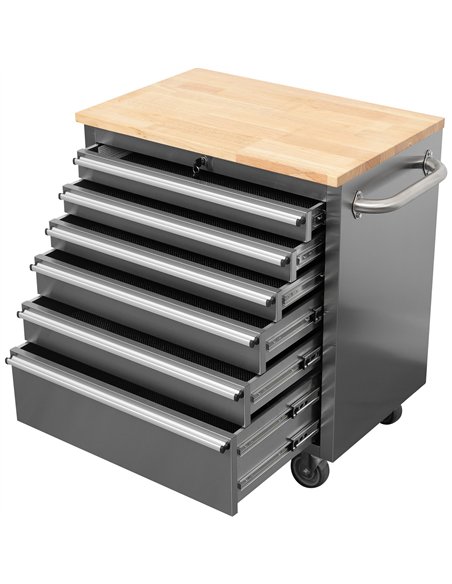 Heavy Duty 30&quot Stainless Steel Rolling Tool Chest with Wooden Worktop 6 Drawers 835x485x877mm Silver | Stalwart DA-YZM130