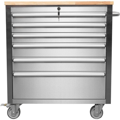 Heavy Duty 30&quot Stainless Steel Rolling Tool Chest with Wooden Worktop 6 Drawers 835x485x877mm Silver | Stalwart DA-YZM130