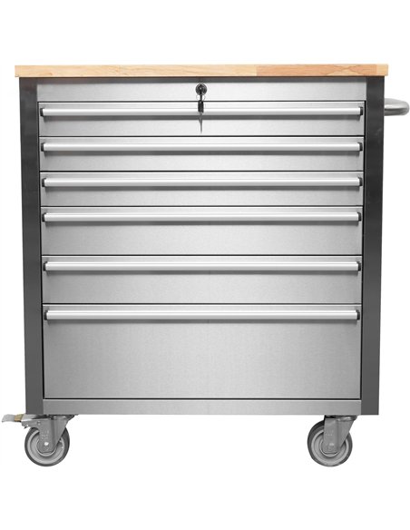 Heavy Duty 30&quot Stainless Steel Rolling Tool Chest with Wooden Worktop 6 Drawers 835x485x877mm Silver | Stalwart DA-YZM130