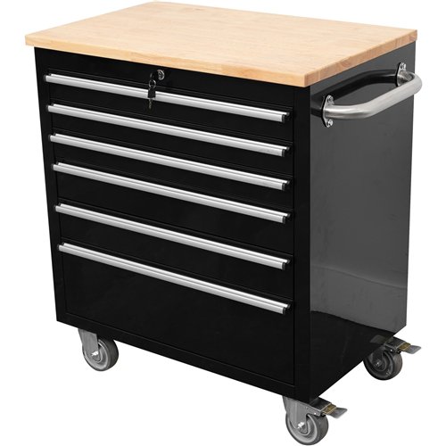 Heavy Duty 30&quot Steel Rolling Tool Chest with Wooden Worktop 6 Drawers 835x485x877mm Black | Stalwart DA-YZM132