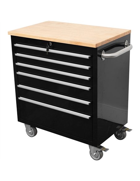 Heavy Duty 30&quot Steel Rolling Tool Chest with Wooden Worktop 6 Drawers 835x485x877mm Black | Stalwart DA-YZM132