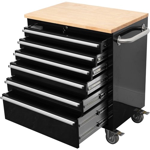 Heavy Duty 30&quot Steel Rolling Tool Chest with Wooden Worktop 6 Drawers 835x485x877mm Black | Stalwart DA-YZM132
