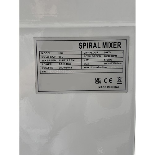 Professional Spiral Mixer 60L 2-Speed...