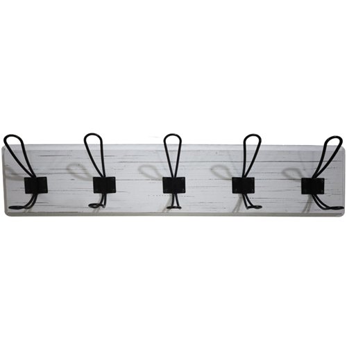 Rustic Wall Mounted 24&quot (610mm) Coat Rack with 5 Rustic Hooks Solid Pine Wood Whitewash | Stalwart DA-GWA314